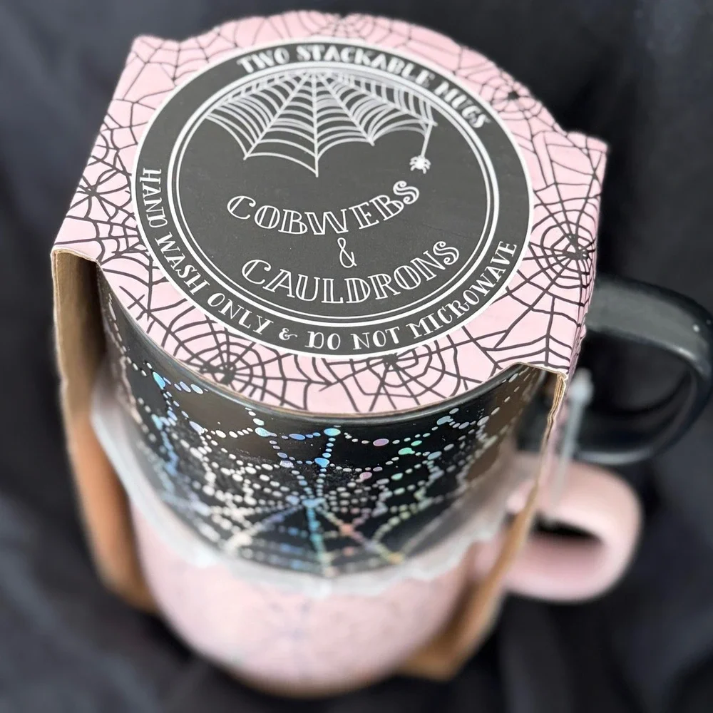 NWT COBWEBS & CAULDRONS Spider Web Stackable Mug Set Halloween Set Pink Black